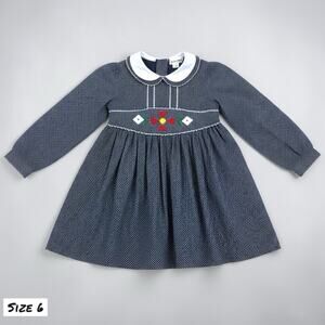 Alyssa Girls Smocked‎ Dress Size 6 Black White Polka Dot Peter Pan Collar Floral